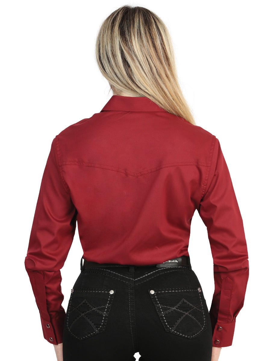 Women's Long Sleeve Western Shirt With Burgundy Stretch Fabric For Everyday Wear