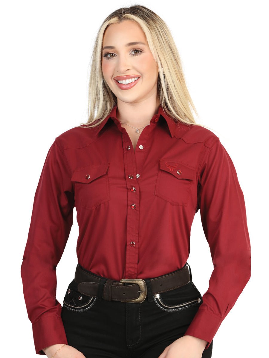 Women's Long Sleeve Western Shirt With Burgundy Stretch Fabric For Everyday Wear