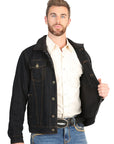 Durable Black Denim Jacket Featuring Insulated Plush Sherpa Lining For Cold Weather