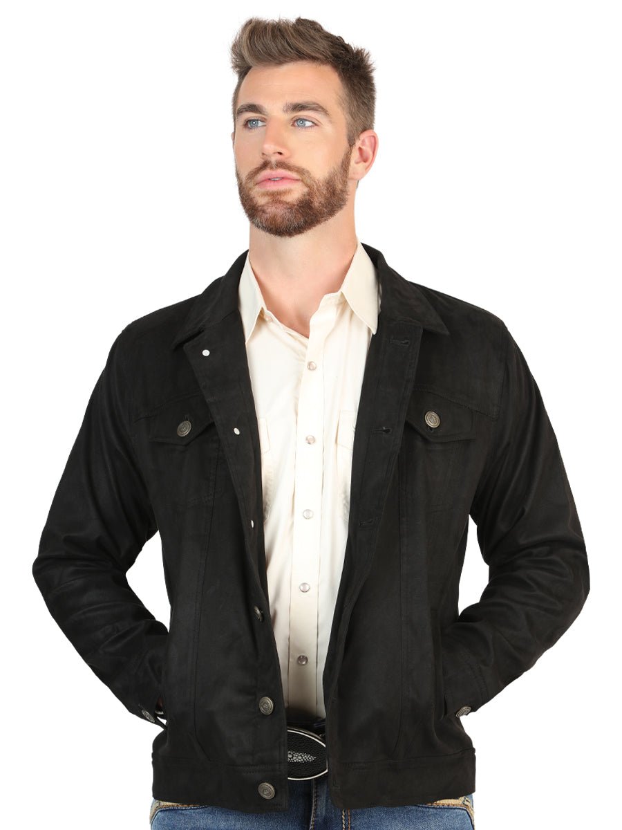 Gentlemen's Luxurious Suede Western Jacket With Timeless Buttoned Front In Rich Black