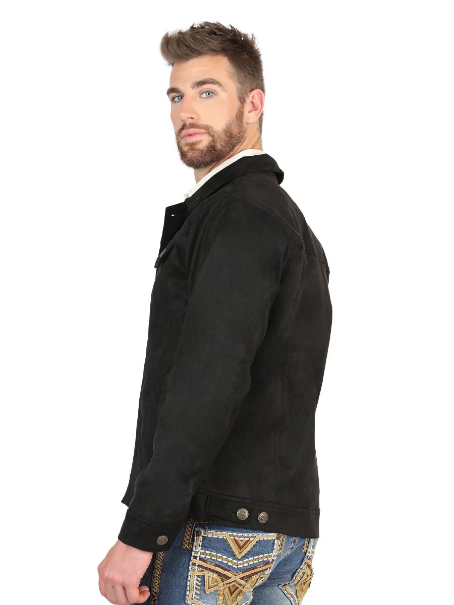 Gentlemen's Luxurious Suede Western Jacket With Timeless Buttoned Front In Rich Black