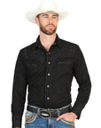El General Men's Long Sleeve Western Shirt — Black/Black Embroidery
