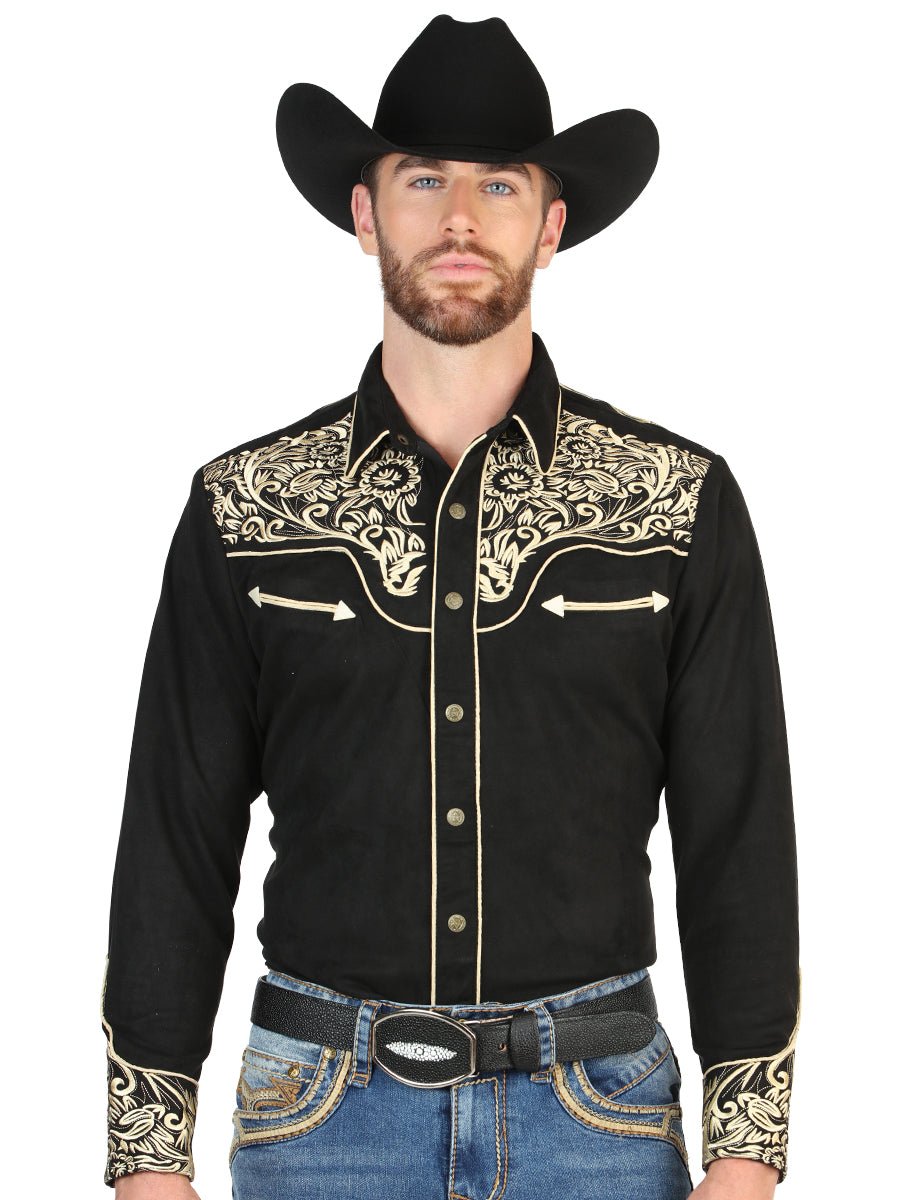 Slim Fit Western Shirt With Long Sleeve Black Gold Embroidery