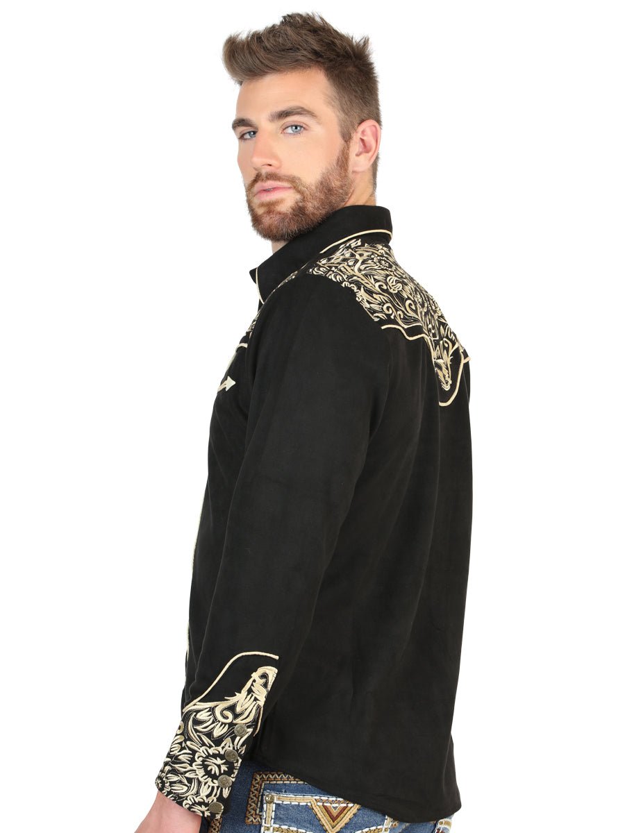 Slim Fit Western Shirt With Long Sleeve Black Gold Embroidery