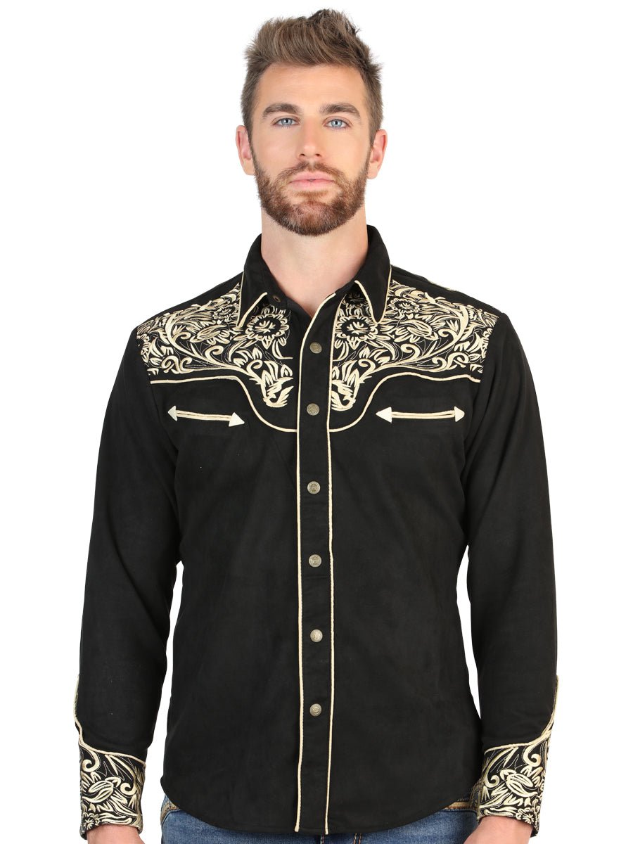Slim Fit Western Shirt With Long Sleeve Black Gold Embroidery