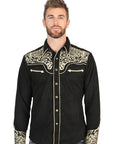 Slim Fit Western Shirt With Long Sleeve Black Gold Embroidery