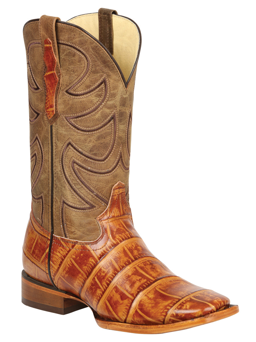 El General Men’s Leather Cowboy Boots - Made in Mexico - Embossed Alligator Crocodile Print - Honey 45764