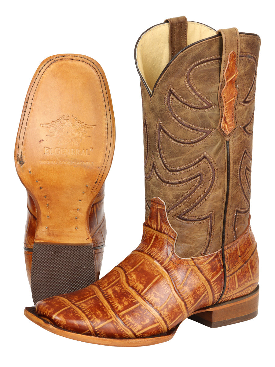 El General Men’s Leather Cowboy Boots - Made in Mexico - Embossed Alligator Crocodile Print - Honey 45764