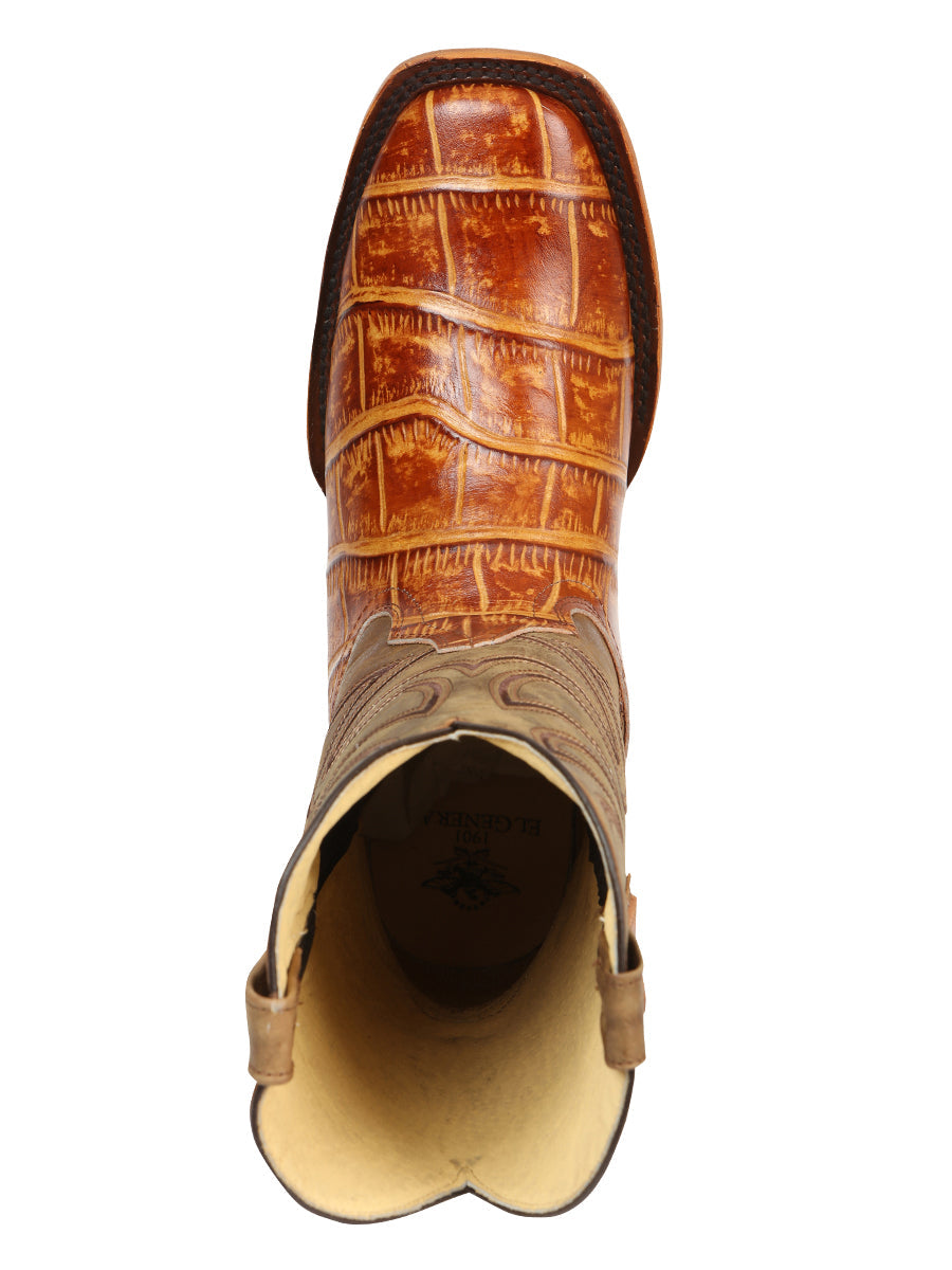 El General Men’s Leather Cowboy Boots - Made in Mexico - Embossed Alligator Crocodile Print - Honey 45764