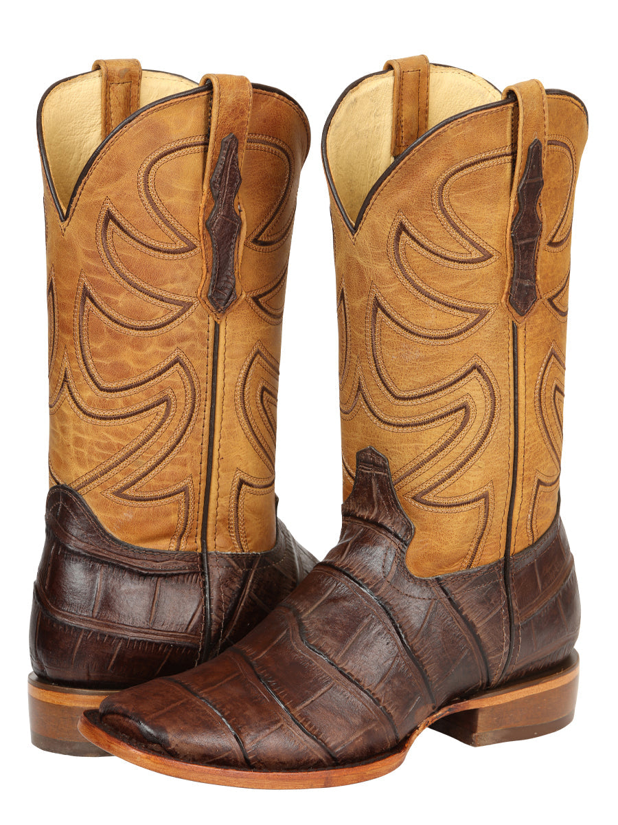 El General Men’s Leather Cowboy Boots - Made in Mexico - Embossed Alligator Crocodile Print - Brown 45765