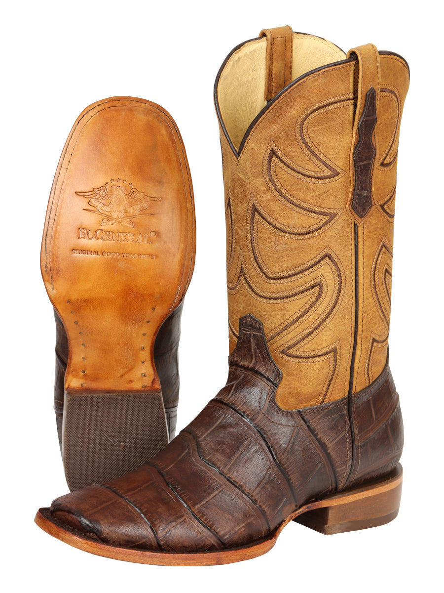 El General Men’s Leather Cowboy Boots - Made in Mexico - Embossed Alligator Crocodile Print - Brown 45765