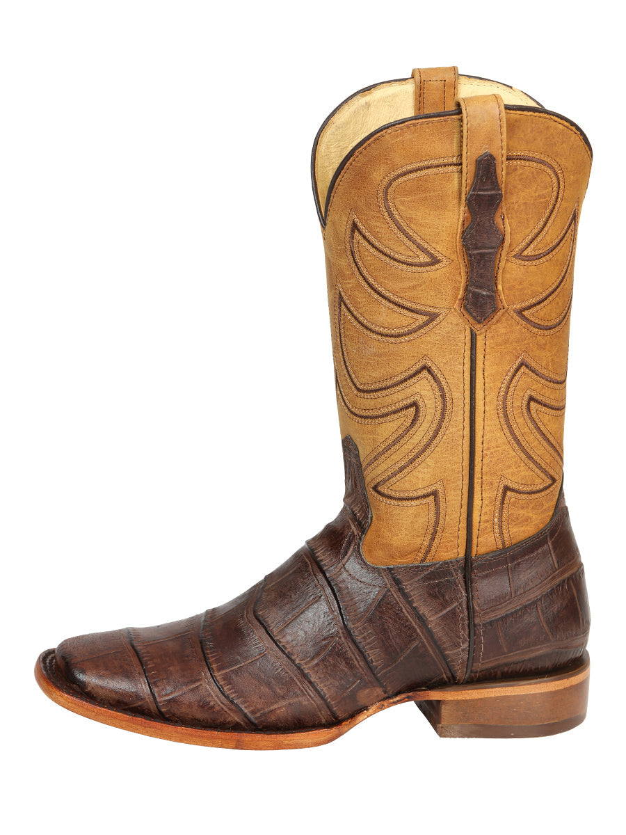 El General Men’s Leather Cowboy Boots - Made in Mexico - Embossed Alligator Crocodile Print - Brown 45765