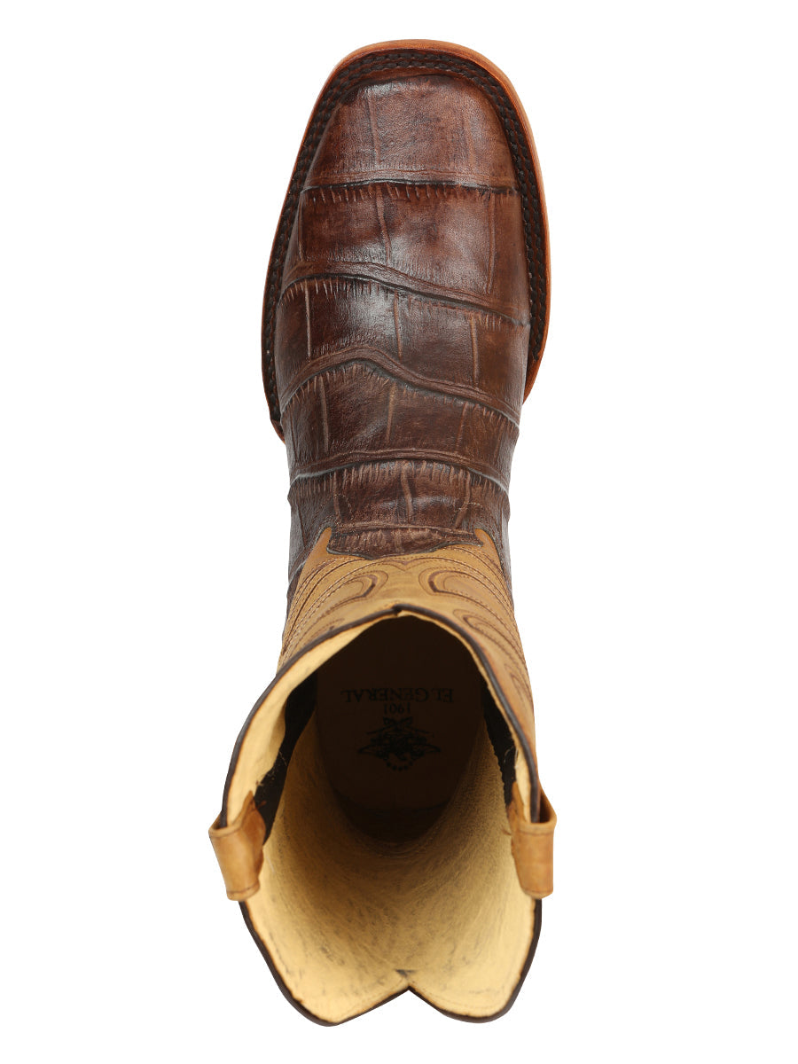 El General Men’s Leather Cowboy Boots - Made in Mexico - Embossed Alligator Crocodile Print - Brown 45765