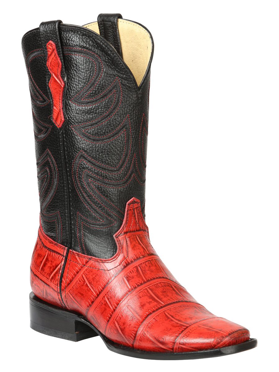 El General Men’s Leather Cowboy Boots - Made in Mexico - Embossed Alligator Crocodile Print - Red 45766