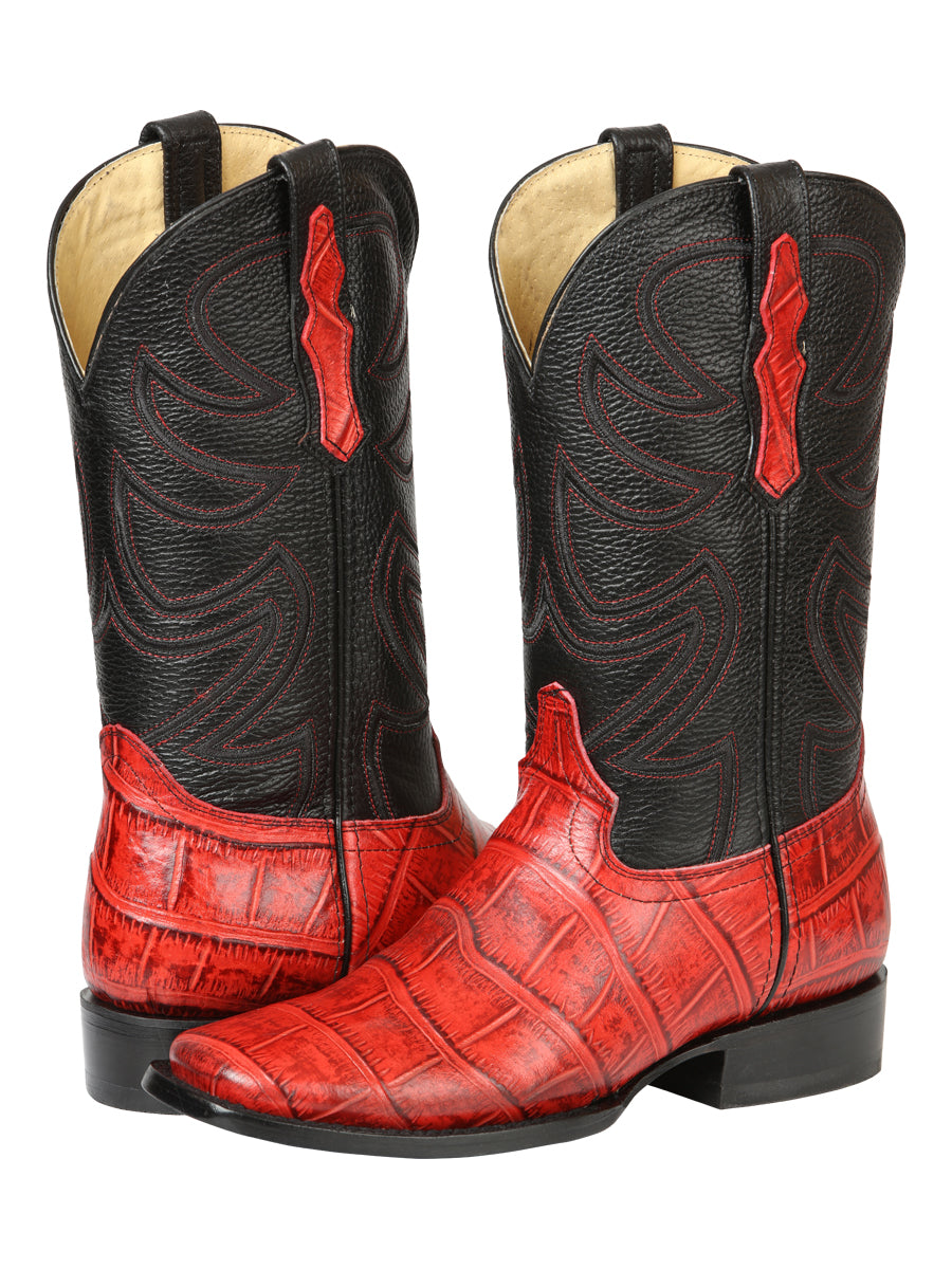 El General Men’s Leather Cowboy Boots - Made in Mexico - Embossed Alligator Crocodile Print - Red 45766