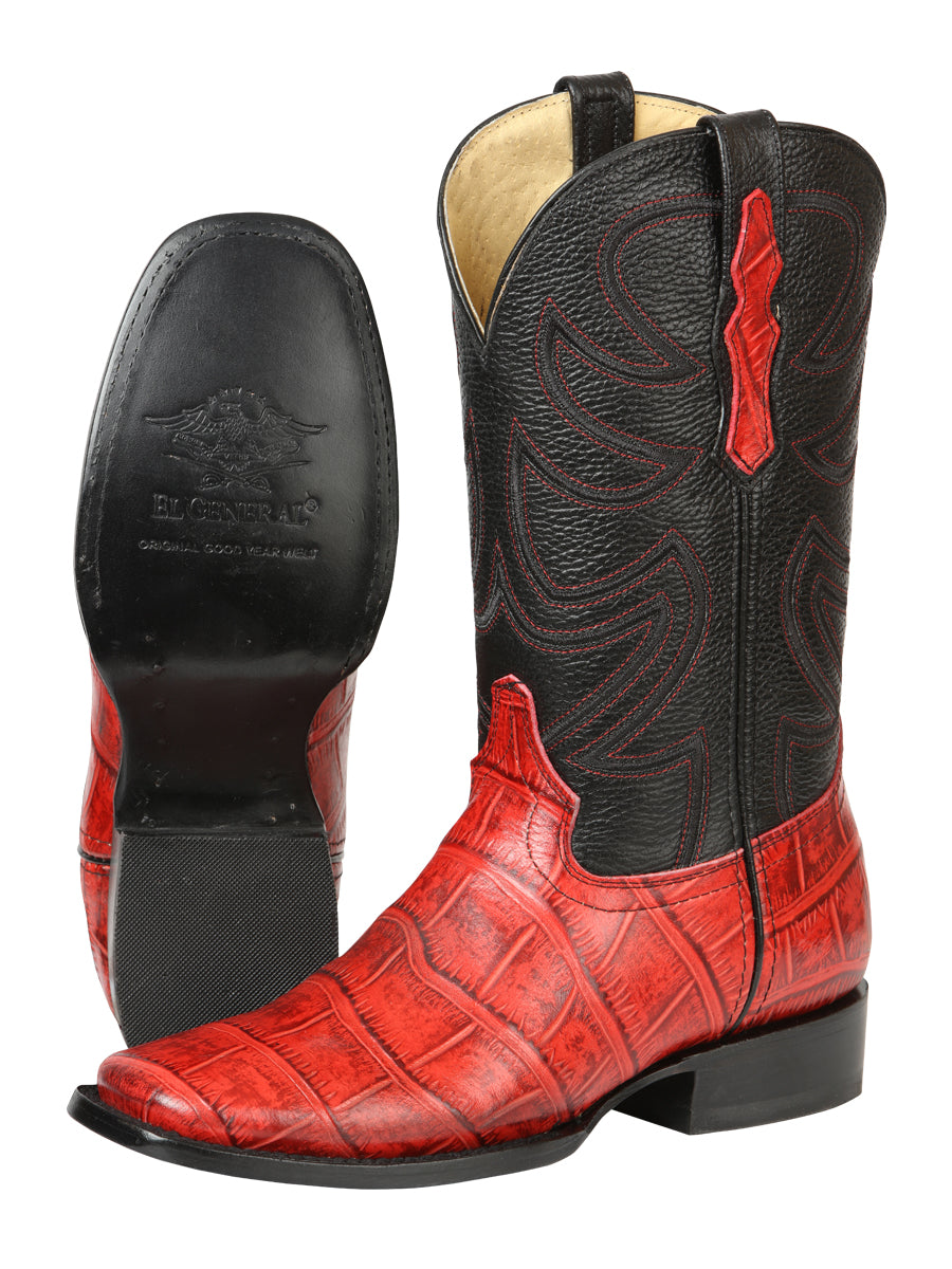 El General Men’s Leather Cowboy Boots - Made in Mexico - Embossed Alligator Crocodile Print - Red 45766