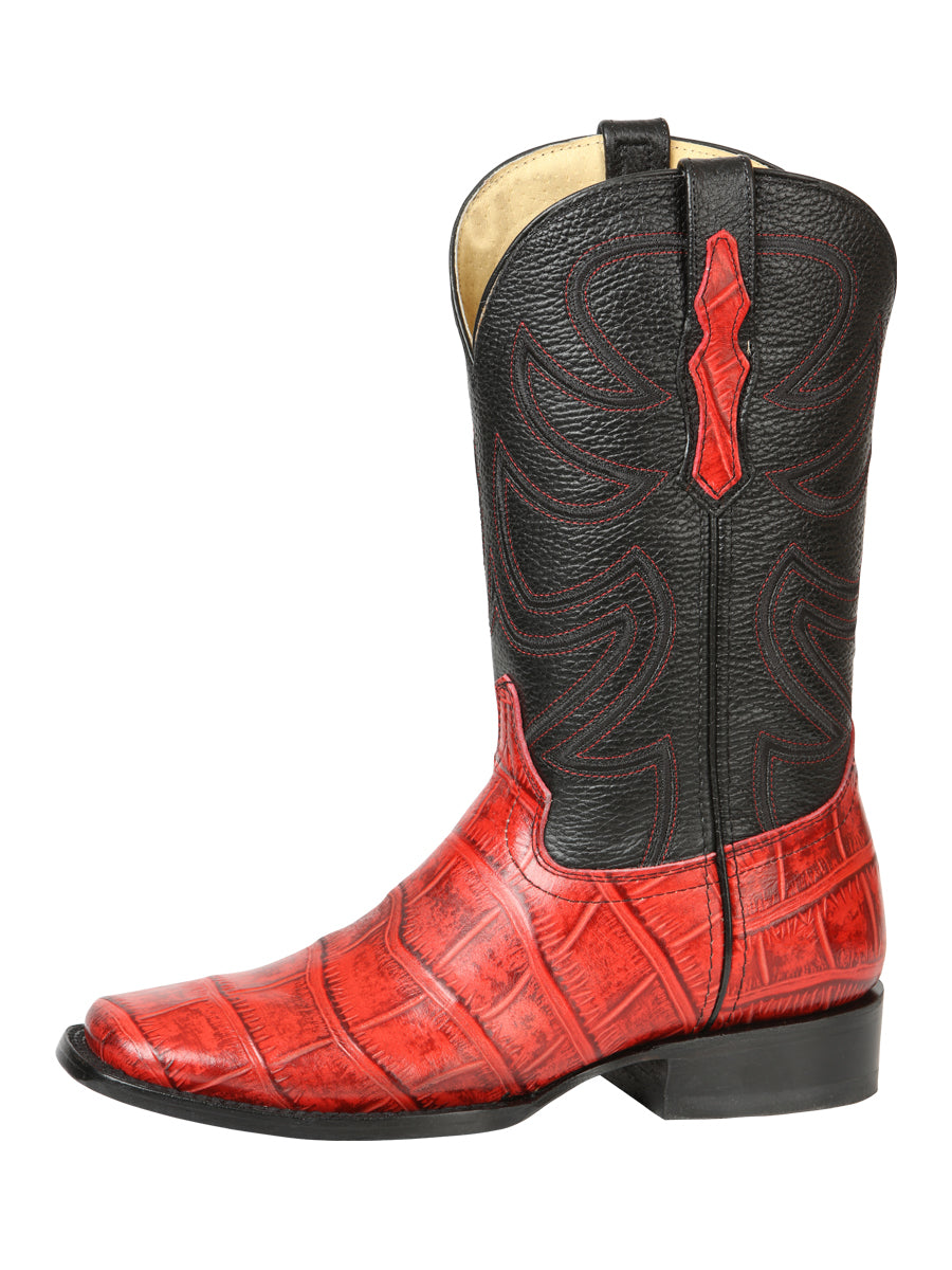 El General Men’s Leather Cowboy Boots - Made in Mexico - Embossed Alligator Crocodile Print - Red 45766