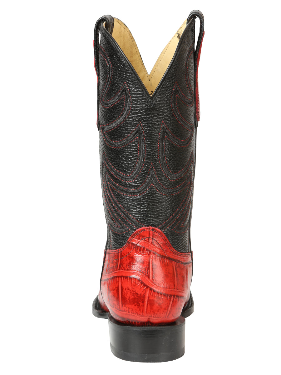El General Men’s Leather Cowboy Boots - Made in Mexico - Embossed Alligator Crocodile Print - Red 45766