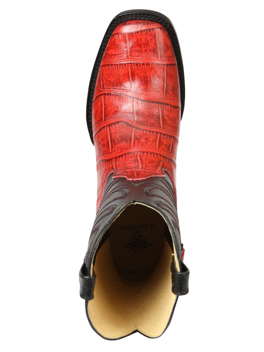 El General Men’s Leather Cowboy Boots - Made in Mexico - Embossed Alligator Crocodile Print - Red 45766