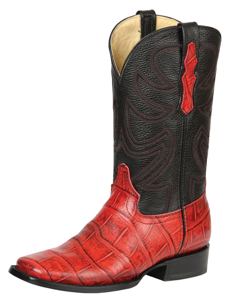 El General Men’s Leather Cowboy Boots - Made in Mexico - Embossed Alligator Crocodile Print - Red 45766