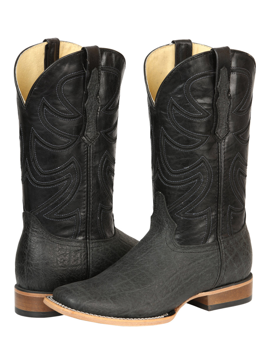 El General Men’s Leather Cowboy Boots - Made in Mexico - Embossed Elephant Print - Black/Gray 45768