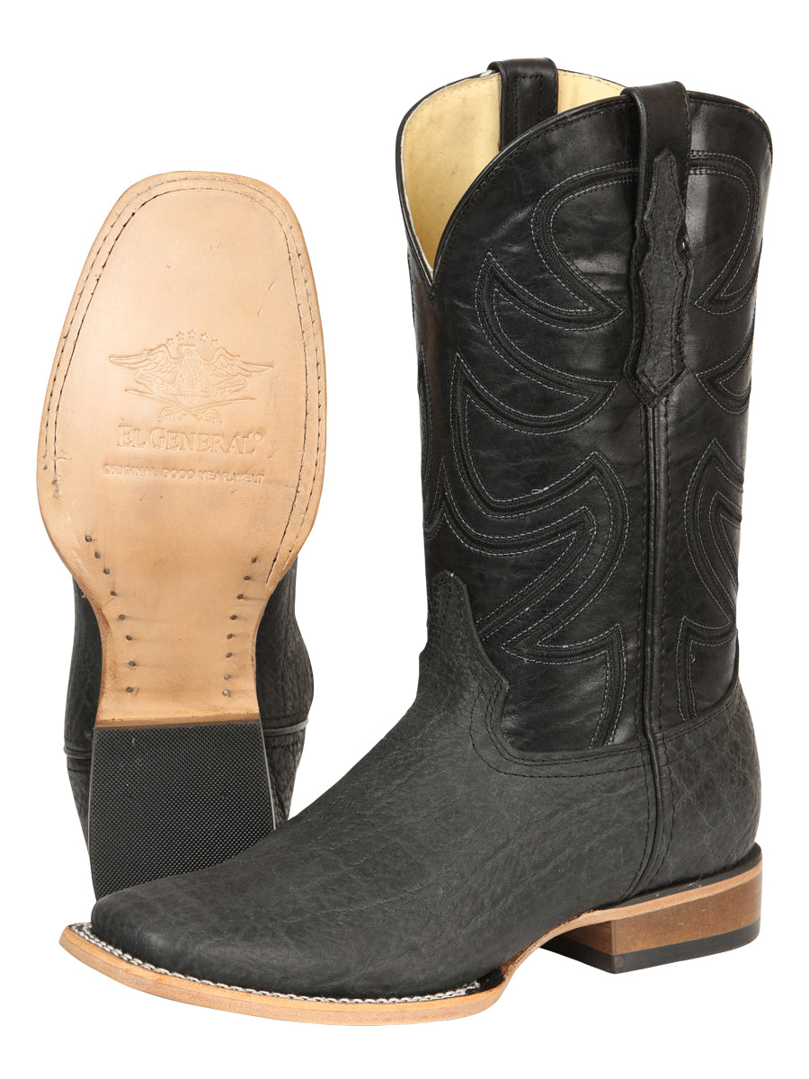 El General Men’s Leather Cowboy Boots - Made in Mexico - Embossed Elephant Print - Black/Gray 45768
