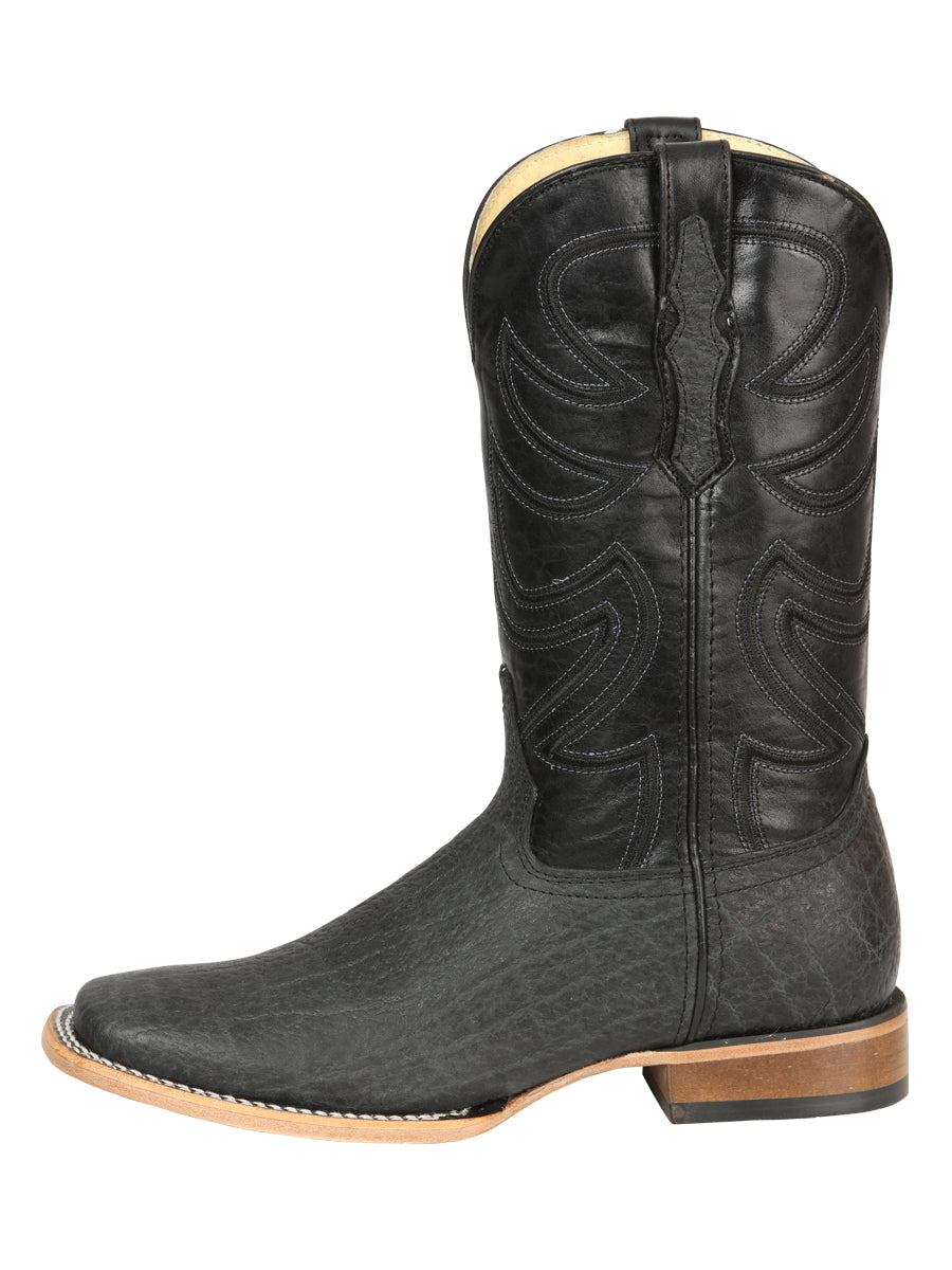 El General Men’s Leather Cowboy Boots - Made in Mexico - Embossed Elephant Print - Black/Gray 45768