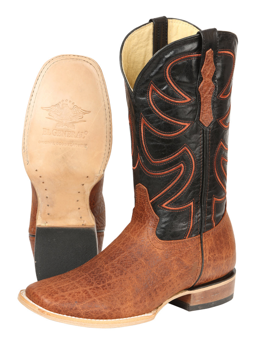 El General Men’s Leather Cowboy Boots - Made in Mexico - Embossed Elephant Print - Cognac 45769