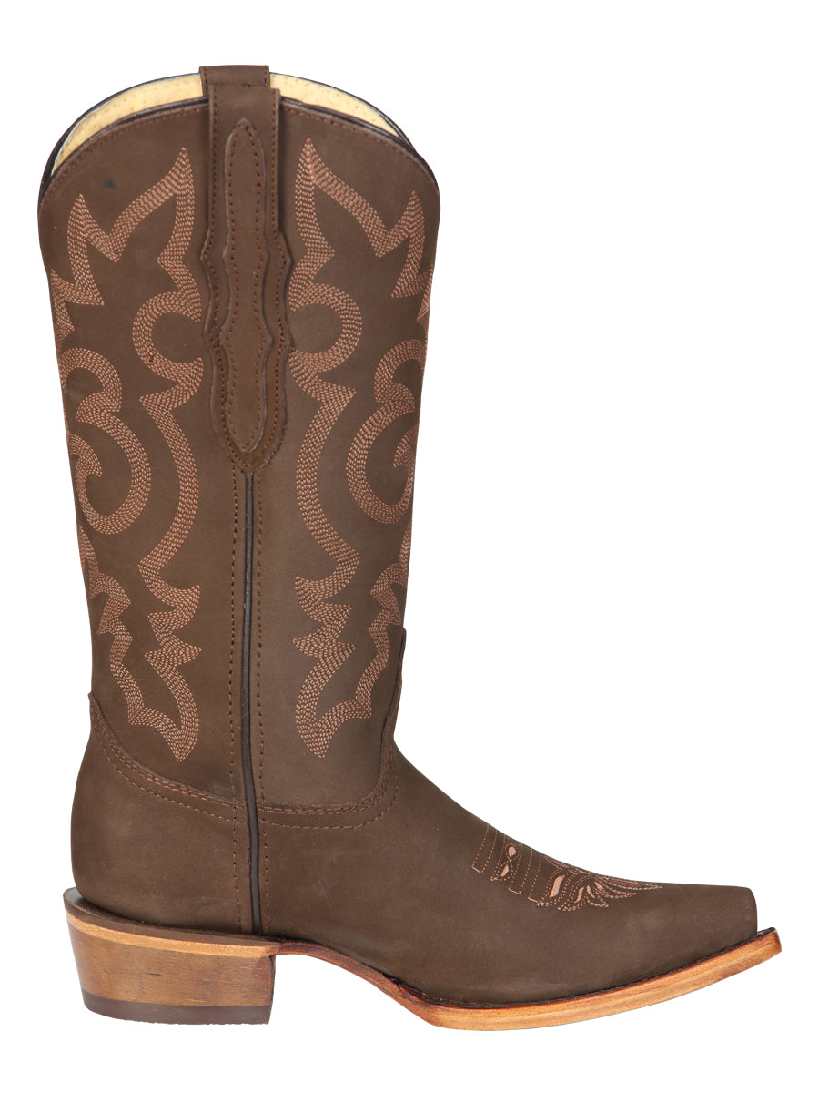 El General Women's Leather Cowboy Boots - Made in Mexico - Nubuck Camel Brown 45778