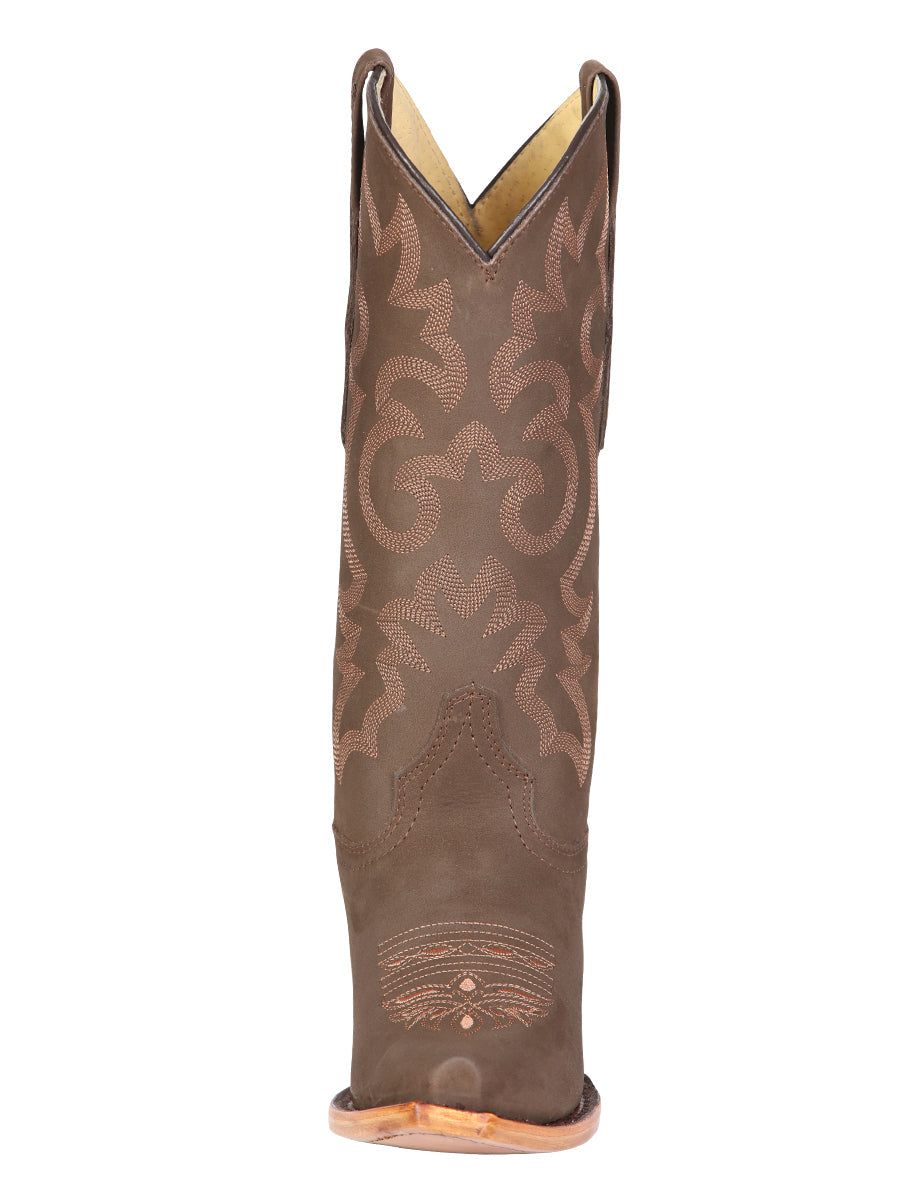El General Women's Leather Cowboy Boots - Made in Mexico - Nubuck Camel Brown 45778