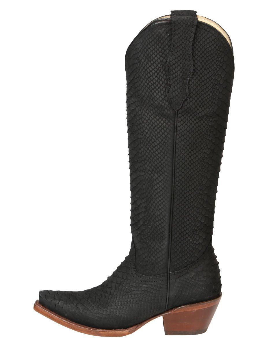 Black Python Pattern Western Boots Cuban Heel Eighteen Inch Shaft Comfortable Fit