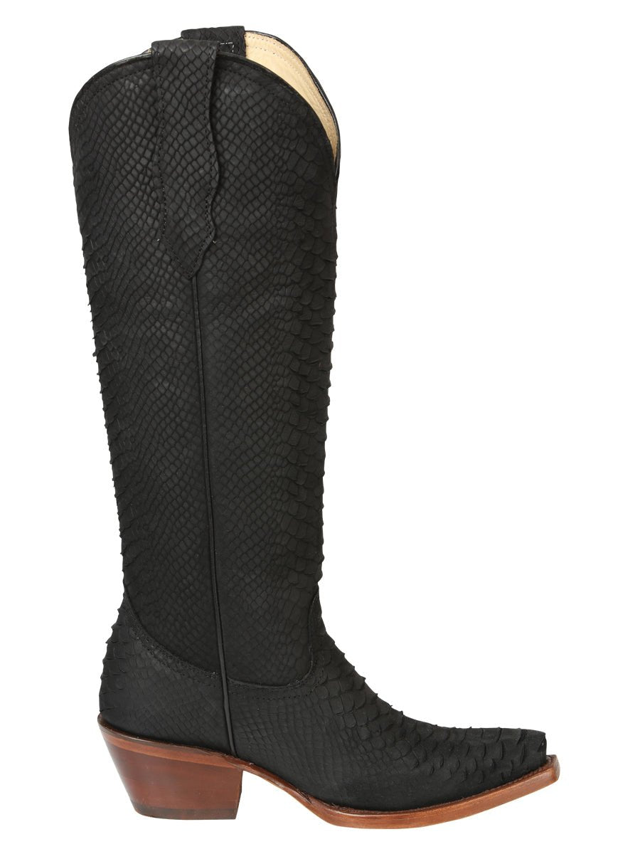 Black Python Pattern Western Boots Cuban Heel Eighteen Inch Shaft Comfortable Fit