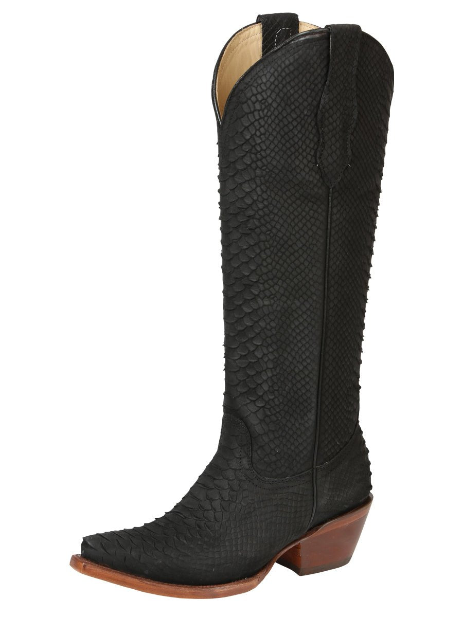 Black Python Pattern Western Boots Cuban Heel Eighteen Inch Shaft Comfortable Fit
