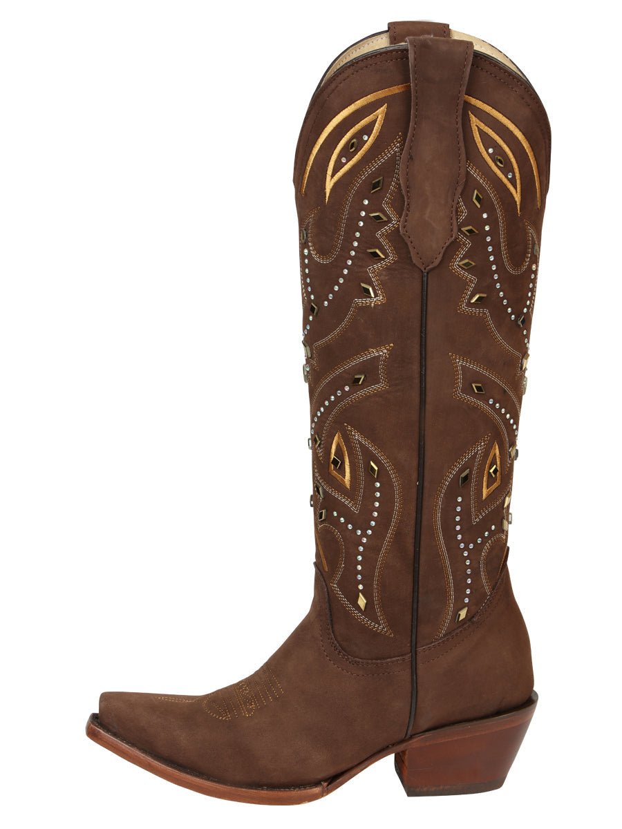 Women's Embroidered Western Nubuck Boots in Brown
