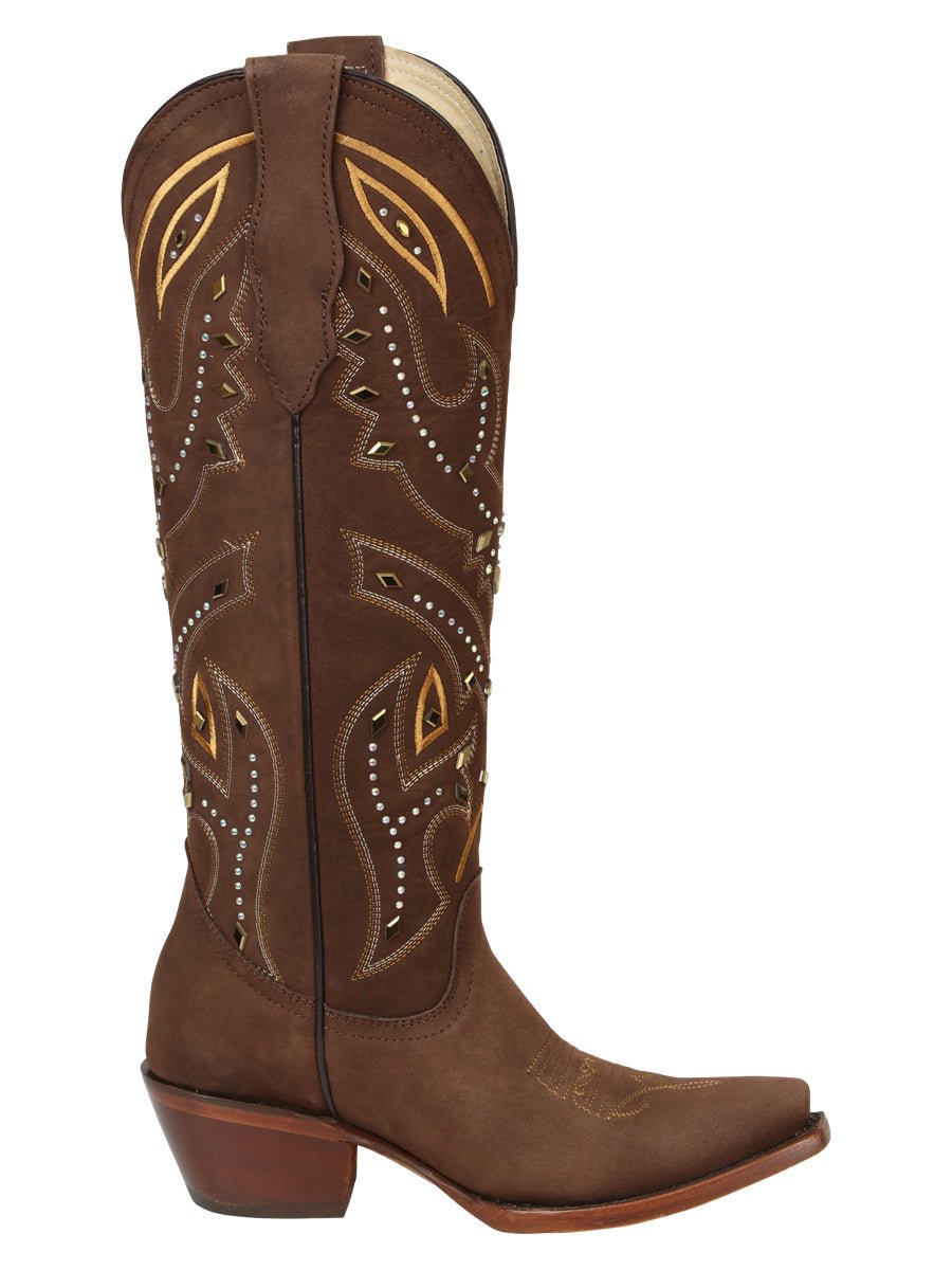 Women's Embroidered Western Nubuck Boots in Brown