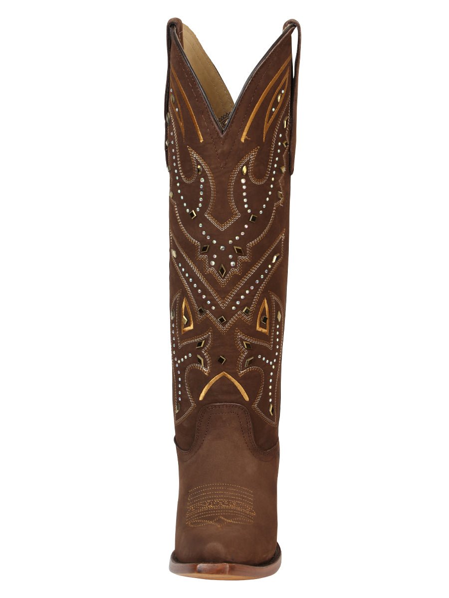 Women's Embroidered Western Nubuck Boots in Brown
