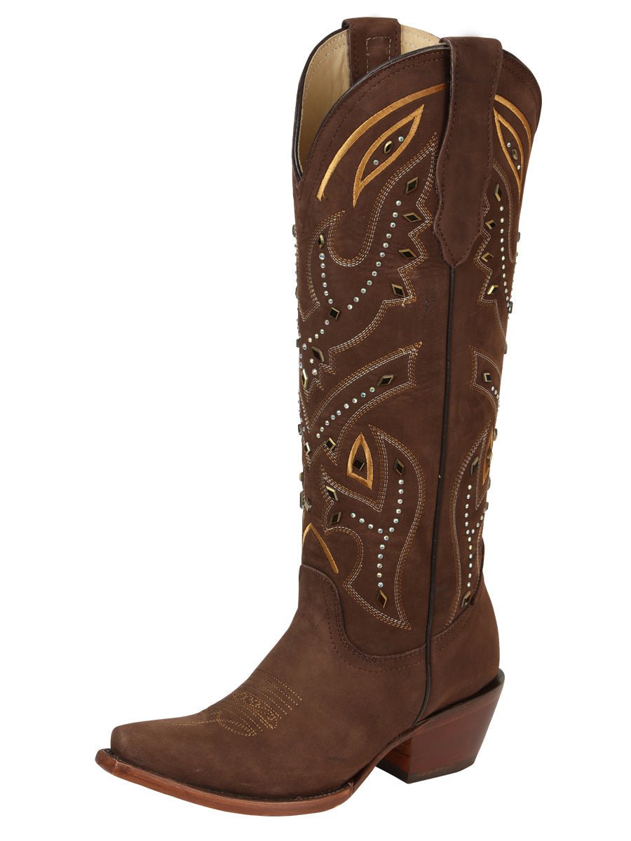 Women's Embroidered Western Nubuck Boots in Brown