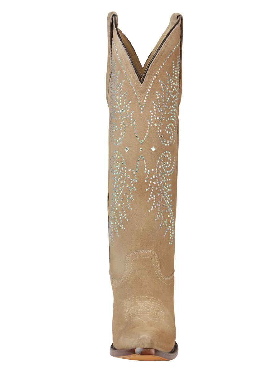 Women's Western Suede Boots With Rhinestone Embellishments 18 Inch Shaft Cuban Heel