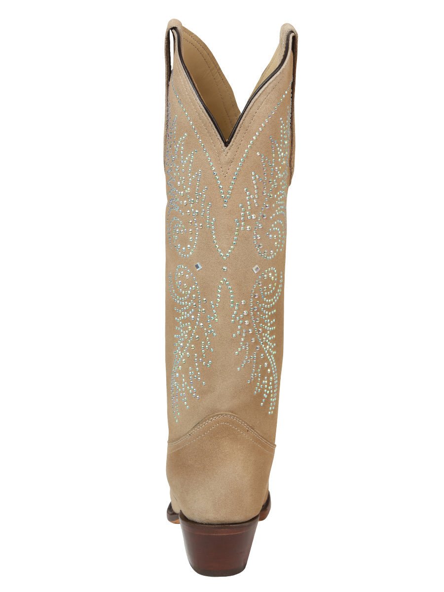 Women's Western Suede Boots With Rhinestone Embellishments 18 Inch Shaft Cuban Heel