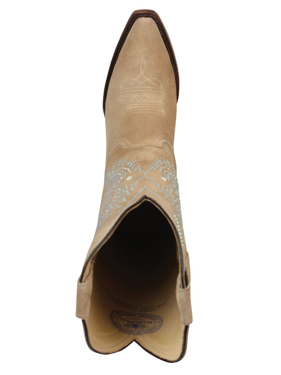 Women's Western Suede Boots With Rhinestone Embellishments 18 Inch Shaft Cuban Heel
