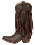 Fringed Western Boots For Women Chocolate Distressed Calfskin Leather With Cuban Heel
