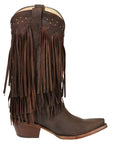 Fringed Western Boots For Women Chocolate Distressed Calfskin Leather With Cuban Heel