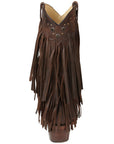 Fringed Western Boots For Women Chocolate Distressed Calfskin Leather With Cuban Heel