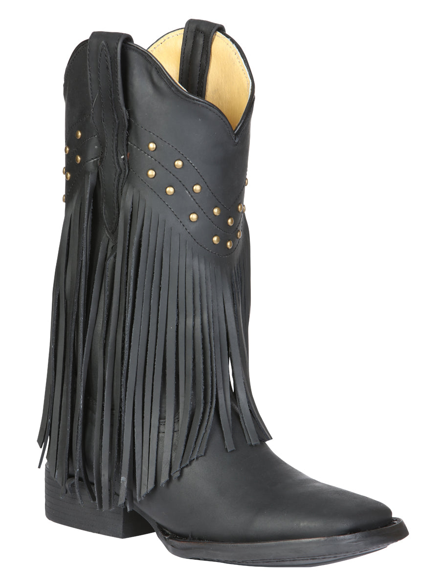 El General Women’s Fringe Leather Cowgirl Boots - Black 45798