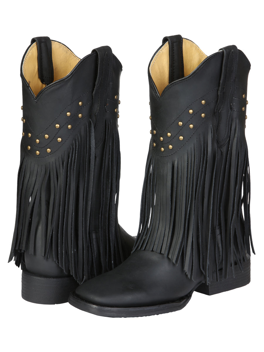 El General Women’s Fringe Leather Cowgirl Boots - Black 45798