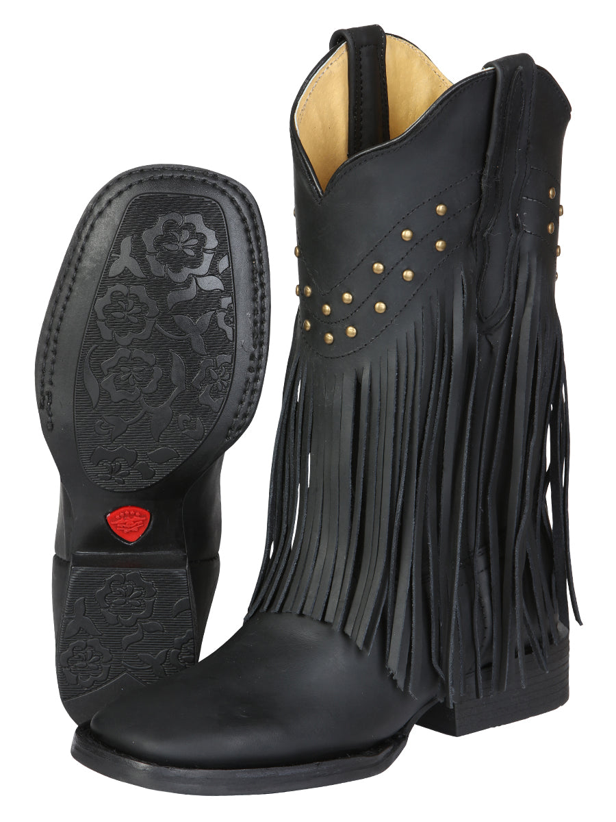 El General Women’s Fringe Leather Cowgirl Boots - Black 45798