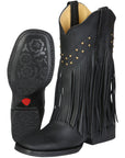 El General Women’s Fringe Leather Cowgirl Boots - Black 45798