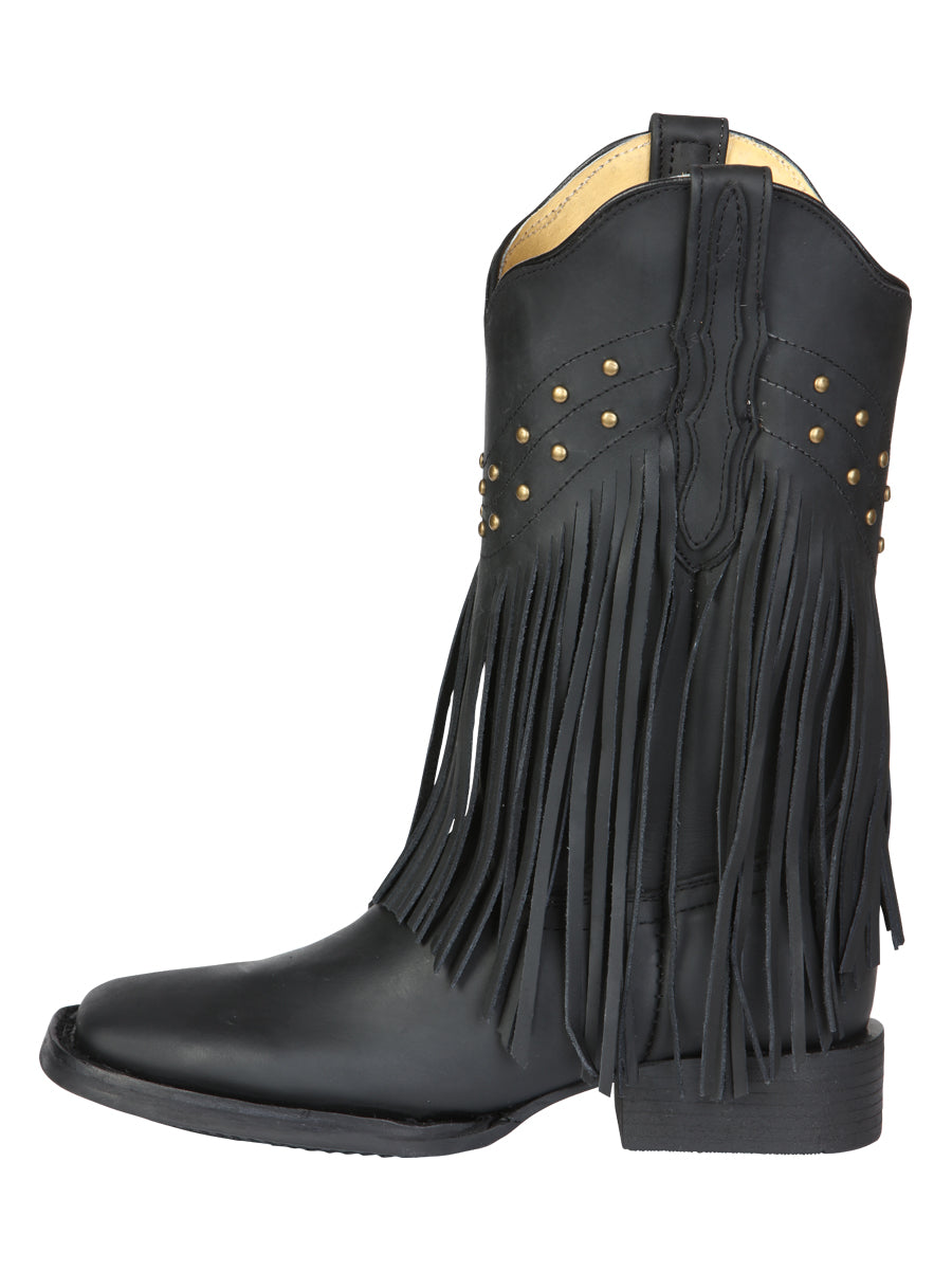 El General Women’s Fringe Leather Cowgirl Boots - Black 45798