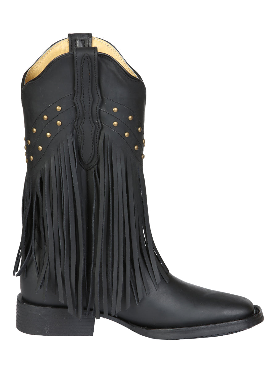 El General Women’s Fringe Leather Cowgirl Boots - Black 45798
