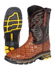 El General Men's Leather Work Boots - Made In Mexico - Embossed Monster Fish Print - Cognac 45808